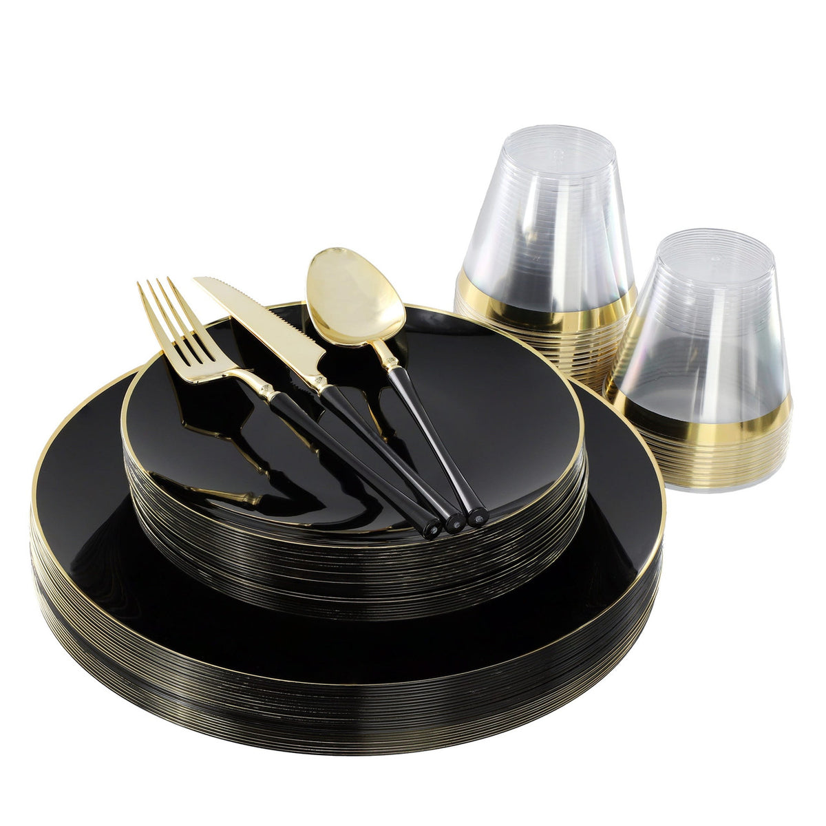 Elama 150 Piece Disposable Plastic Dinnerware Party Set for 25 Guests in Black with Gold Trim Elama