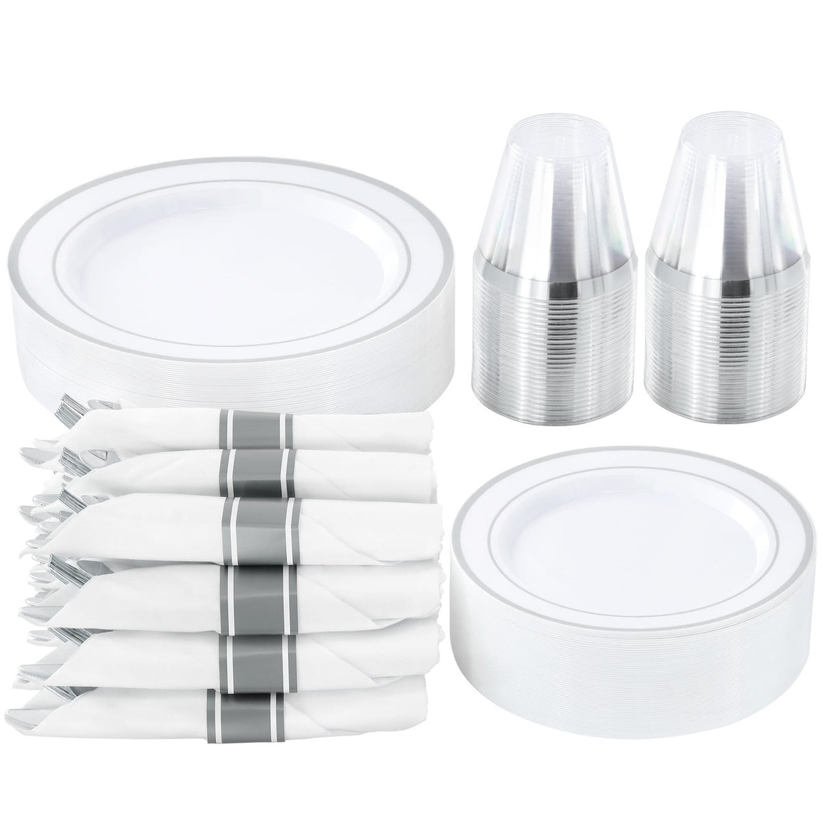 Elama 350 Piece Disposable Plastic Dinnerware Party Set for 50 Guests in White with Silver Trim Elama