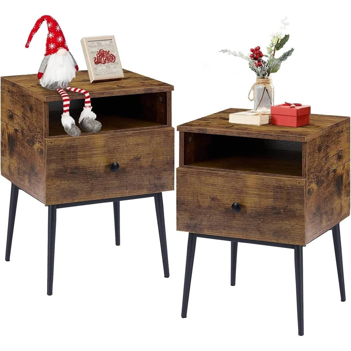 Set of 2 - Mid Century Modern Side Table Nightstand in Brown Black Wood Finish Rosenthal Community Care Services