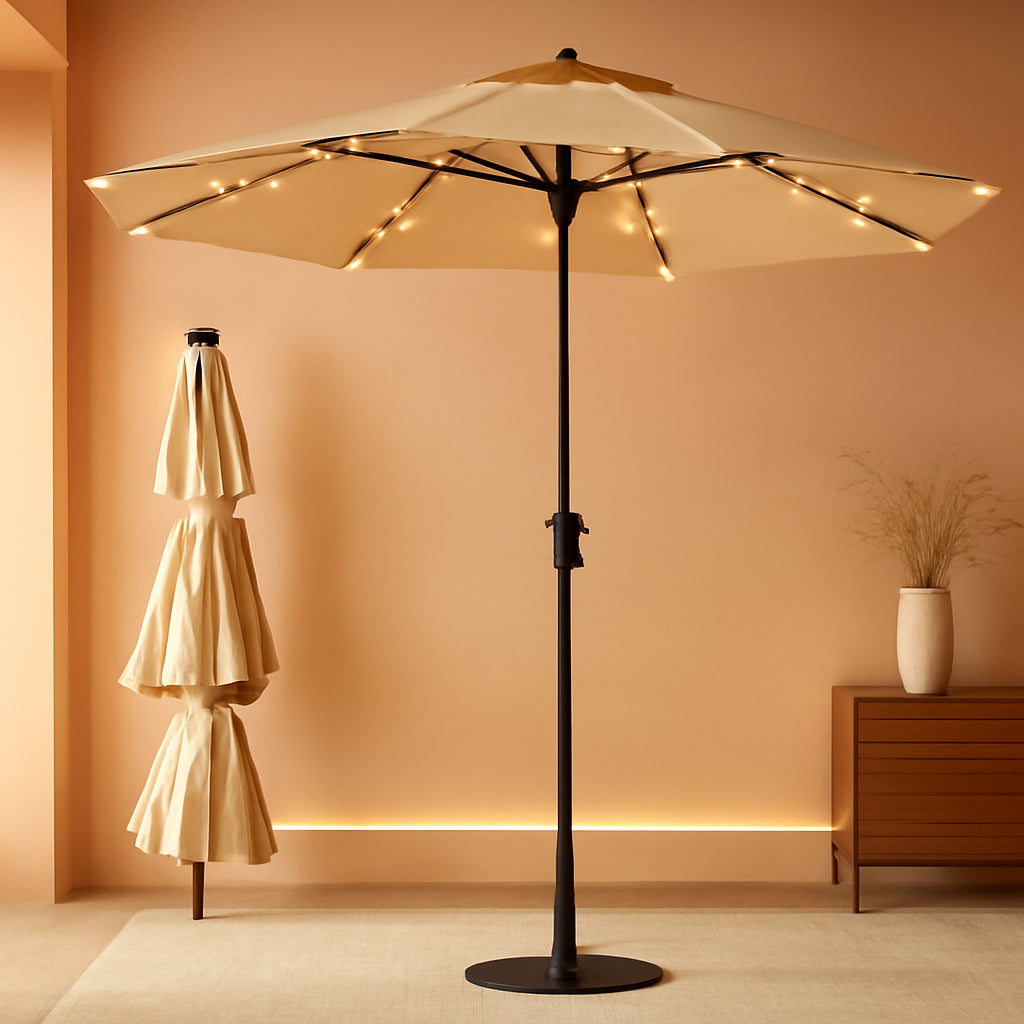 9ft Solar Patio Umbrella Weatherproof LED Lighting ShipItFurniture