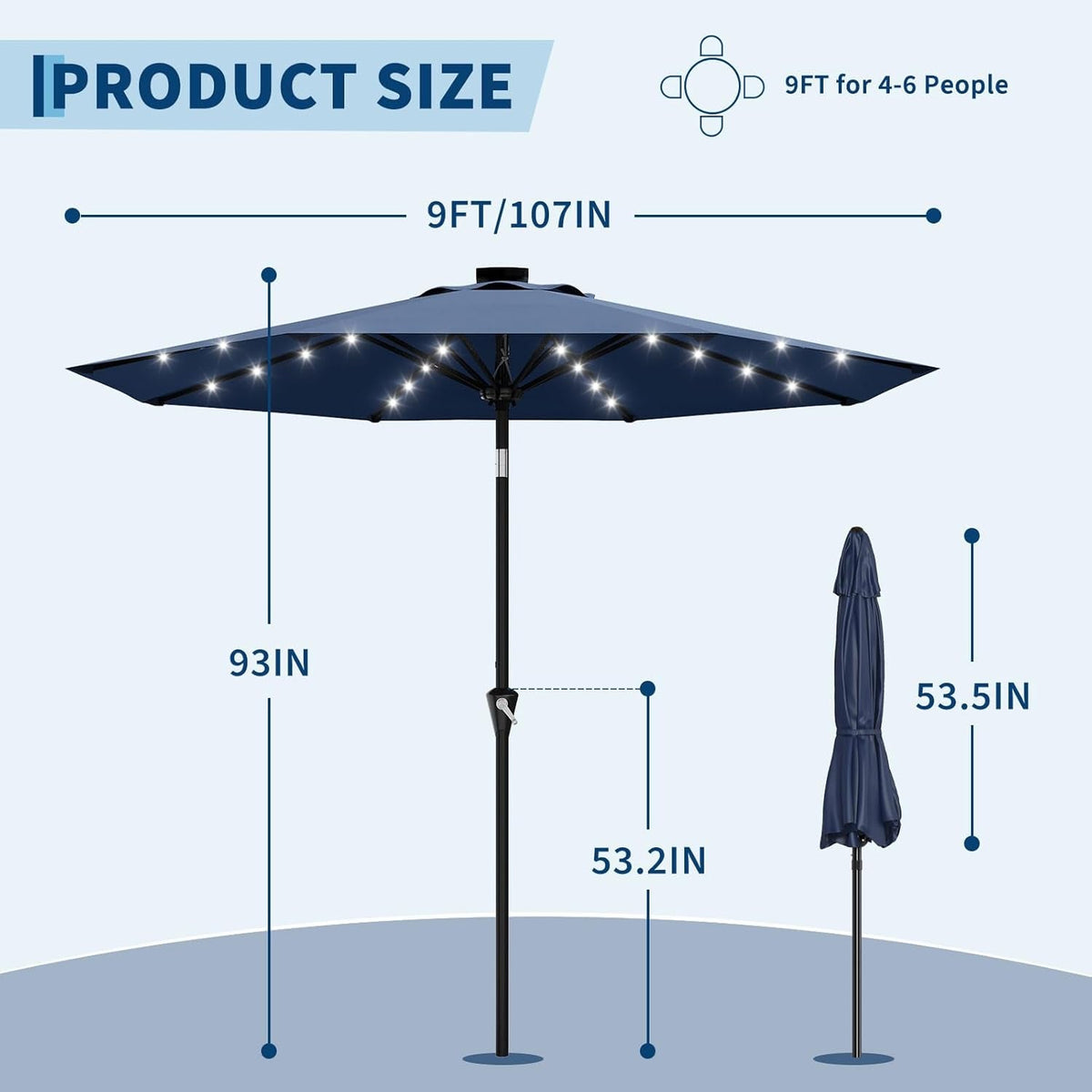 Illuminating Navy Blue Solar Powered Patio Umbrella ShipItFurniture