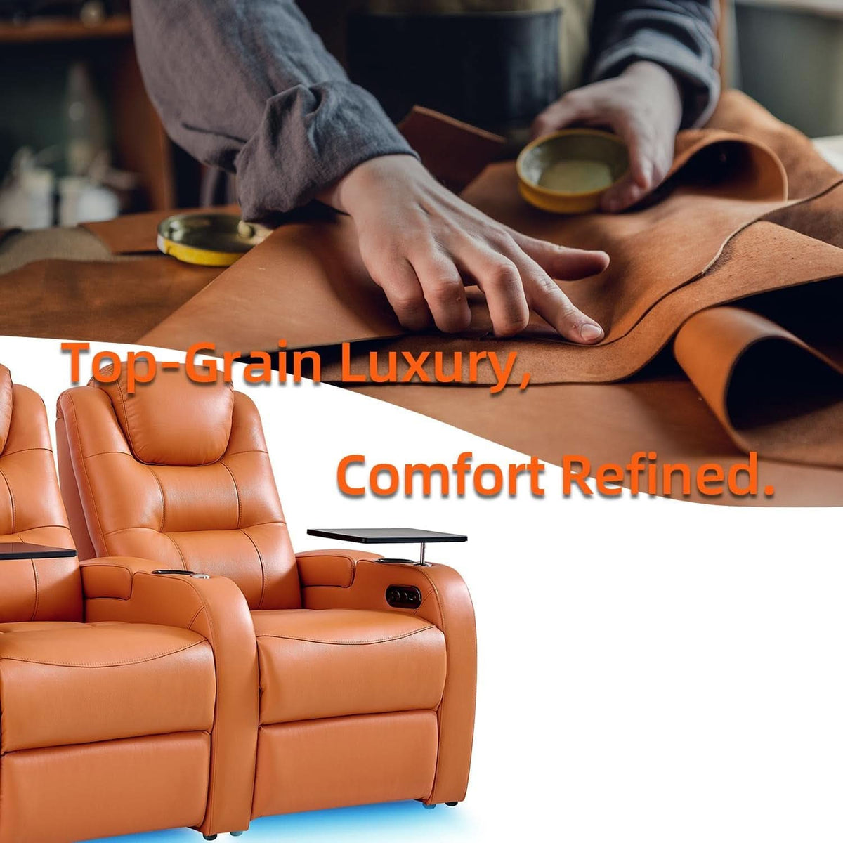 Orange Top Grain Leather Home Theater Seating Row Of Three USB Charger ShipItFurniture