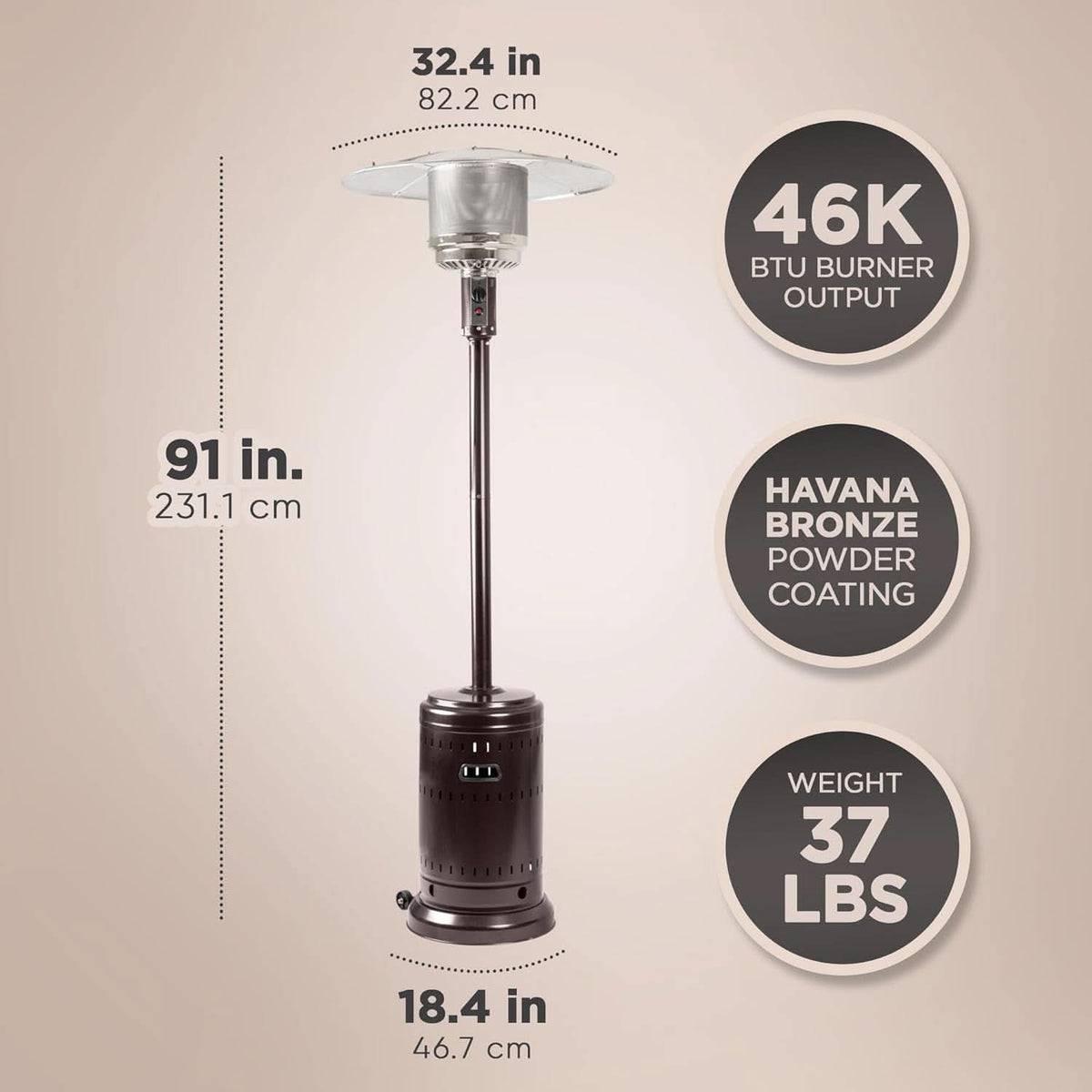 46,000 BTU Outdoor Patio Heater With Wheels Havana Bronze ShipItFurniture