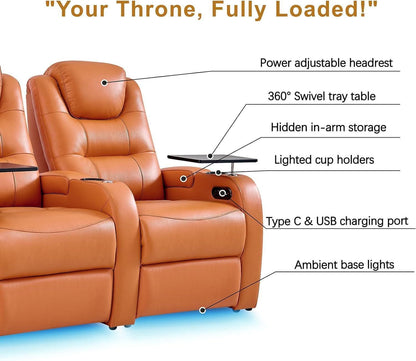 Orange Top Grain Leather Home Theater Seating Row Of Three USB Charger ShipItFurniture