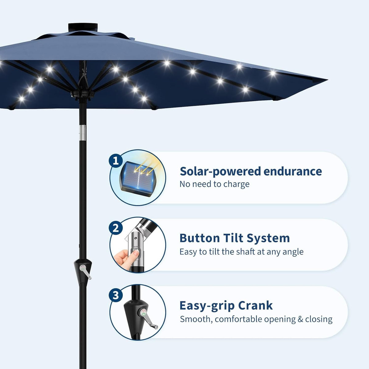 Illuminating Navy Blue Solar Powered Patio Umbrella ShipItFurniture