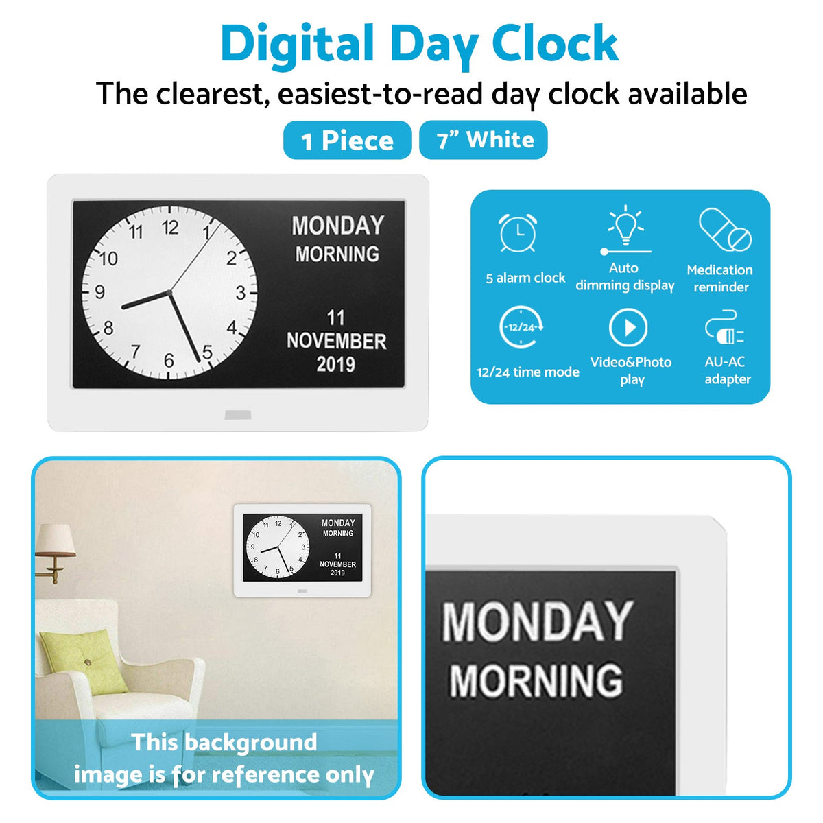 7 Inch LED Large Digital Day Clock Calendar Suitable for Home Office Kaka Auto Parts