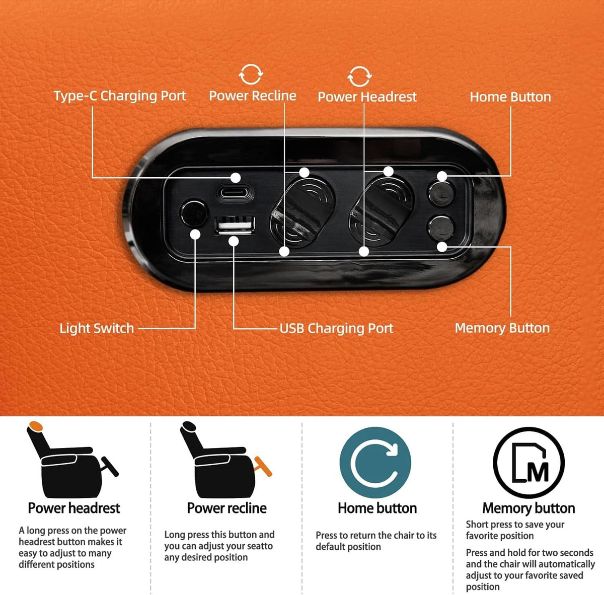 Orange Top Grain Leather Home Theater Seating Row Of Three USB Charger ShipItFurniture
