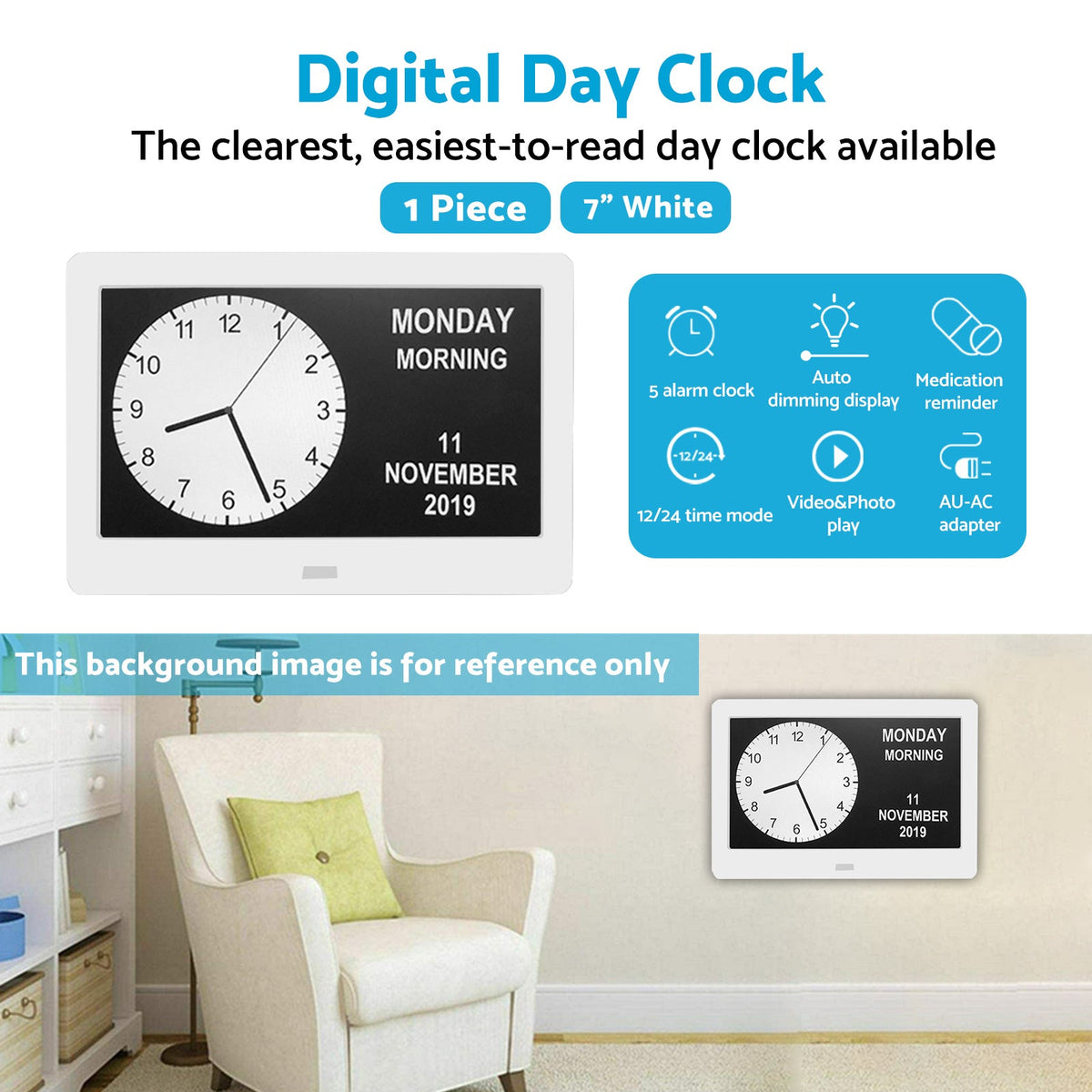 7 Inch LED Large Digital Day Clock Calendar Suitable for Home Office Kaka Auto Parts