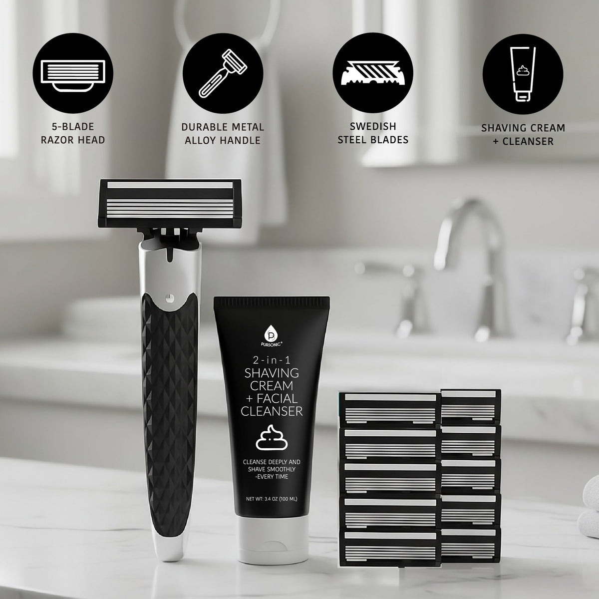 Ultimate Men's Grooming Bundle - Rechargeable Electric Shaver & Premium Men's Shaving Kit Pursonic