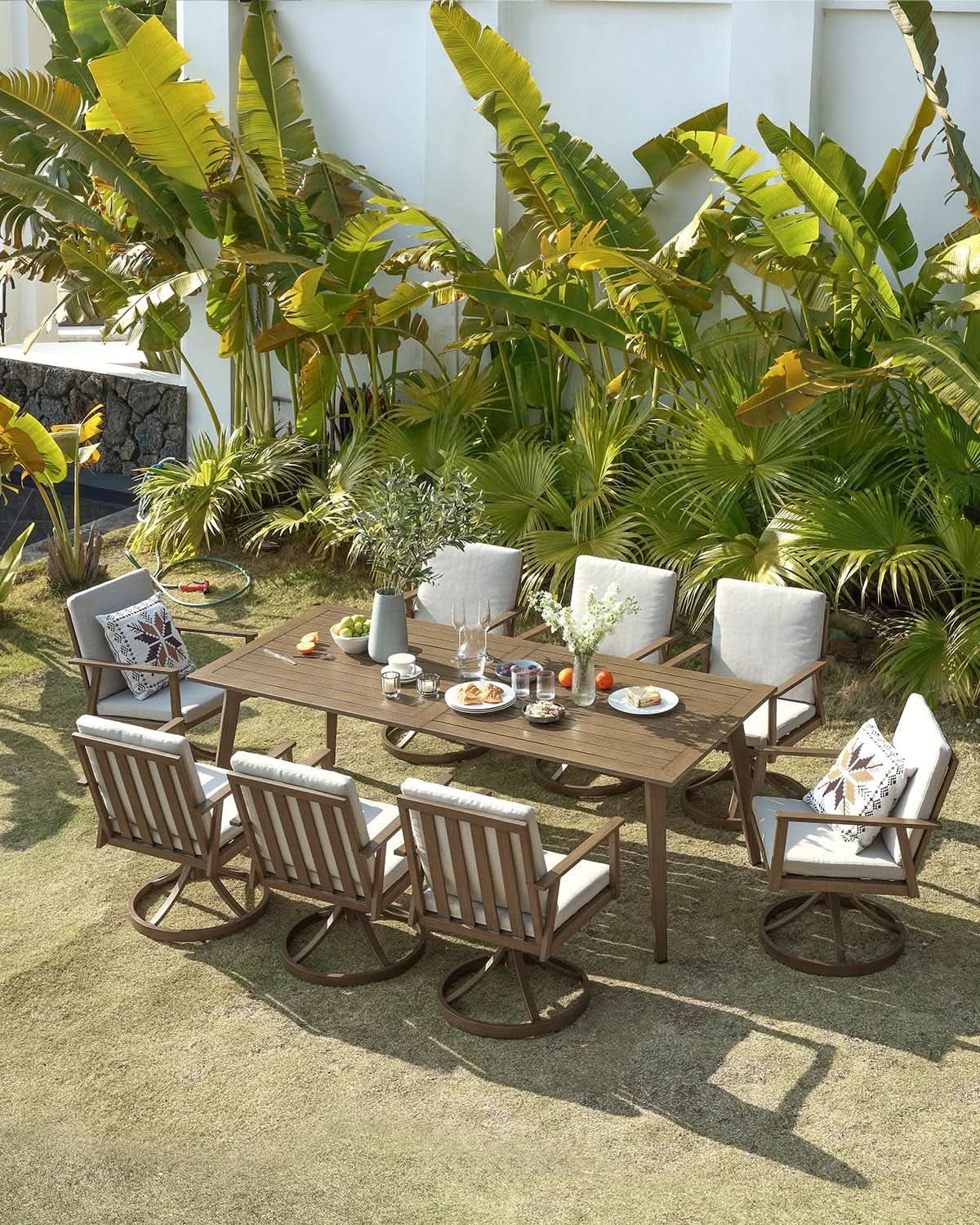 Nine Piece Outdoor Patio Dining Set with Swivel Chairs ShipItFurniture