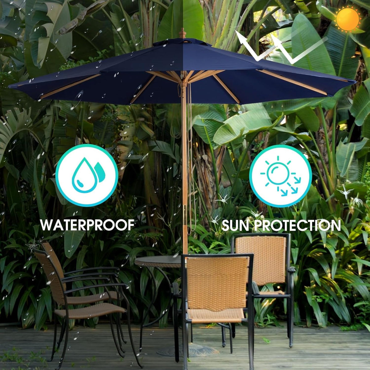 9ft Bamboo Outdoor Patio Umbrella Pulley Lift Market Umbrella ShipItFurniture
