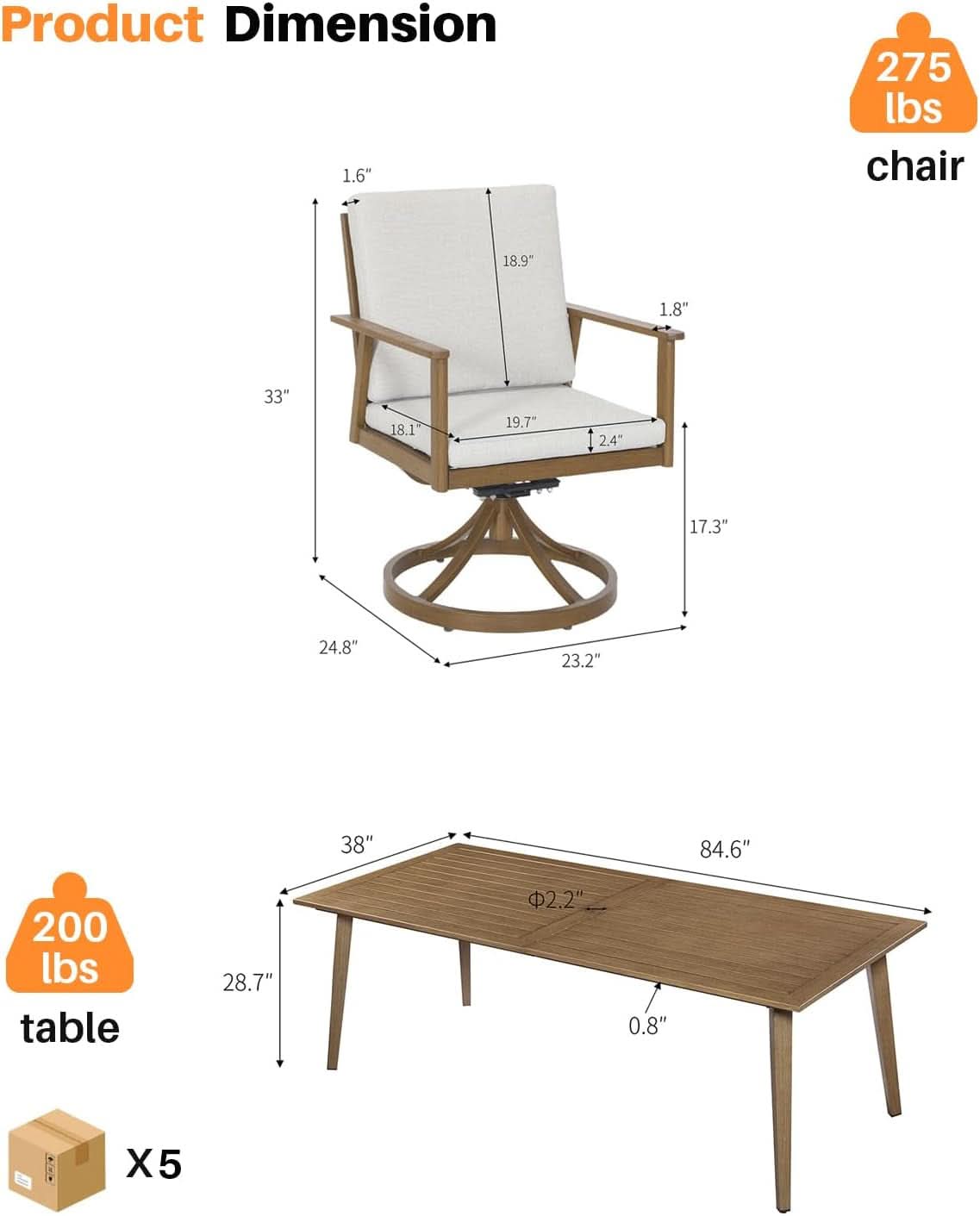 Nine Piece Outdoor Patio Dining Set with Swivel Chairs ShipItFurniture
