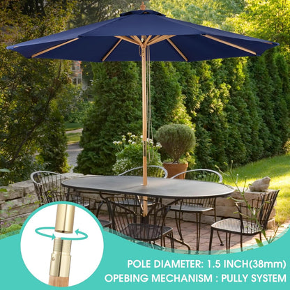 9ft Bamboo Outdoor Patio Umbrella Pulley Lift Market Umbrella ShipItFurniture