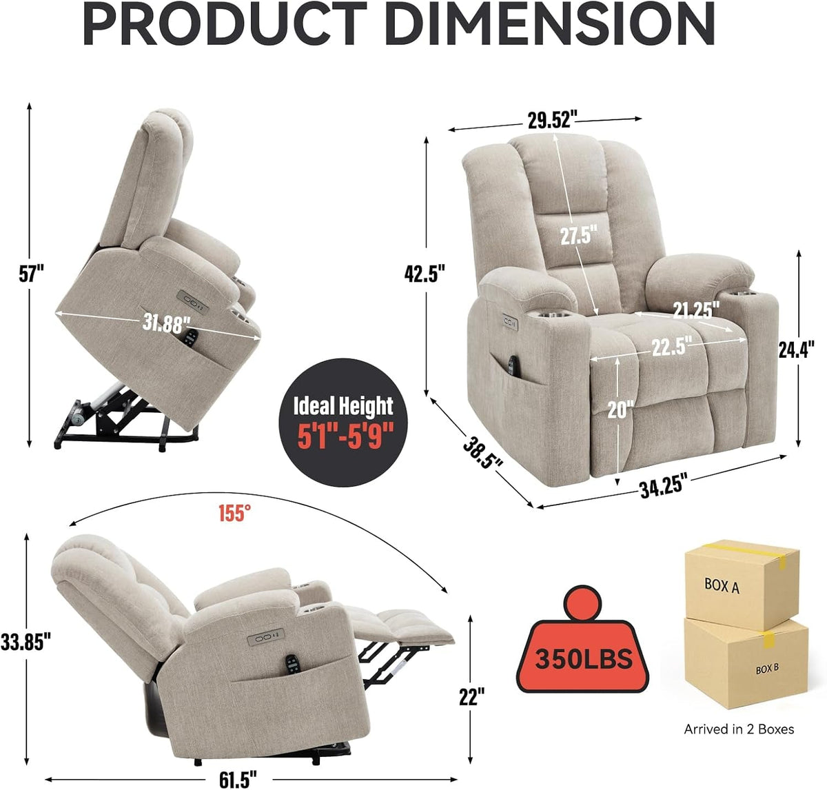 Oversized Beige Chenille Power Lift Recliner Chair ShipItFurniture