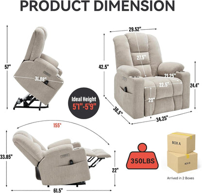 Oversized Beige Chenille Power Lift Recliner Chair ShipItFurniture